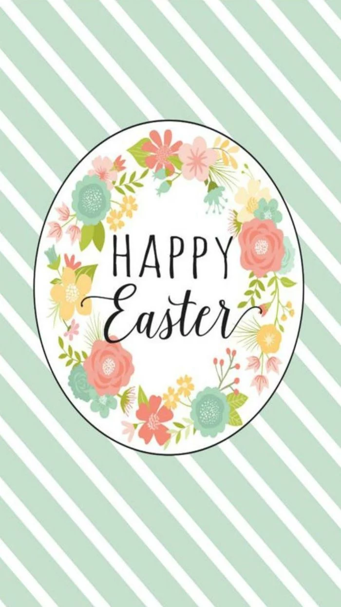 blue and white striped background easter bunny background happy easter written in cursive surrounded by flowers