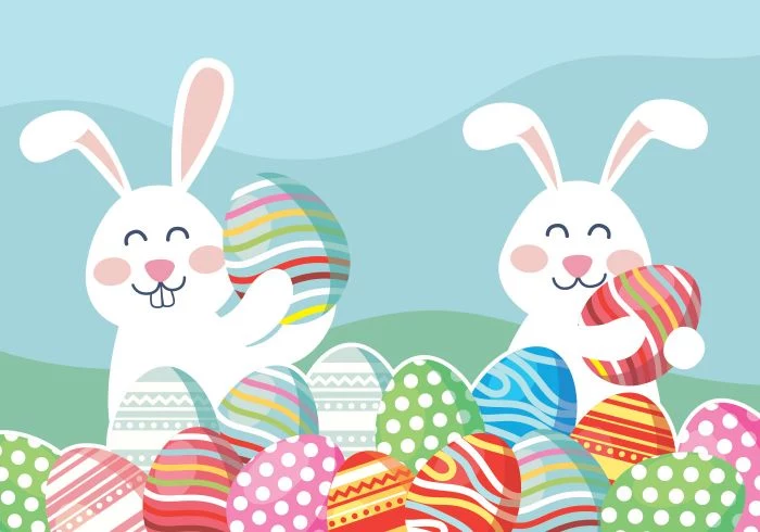 blue background easter egg background digital drawing of two bunnies surrounded by lots of colorful eggs