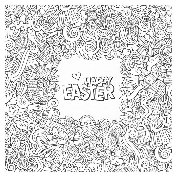bunny coloring pages happy easter written in the middle floral pattern in black and white around it