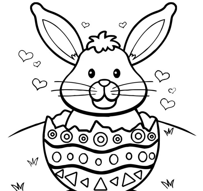 bunny coming out of an egg easter egg printable small hearts drawn around it