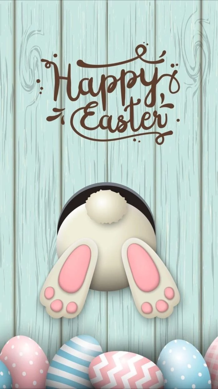 bunny going through a hole digital drawing free easter wallpaper happy easter written in cursive