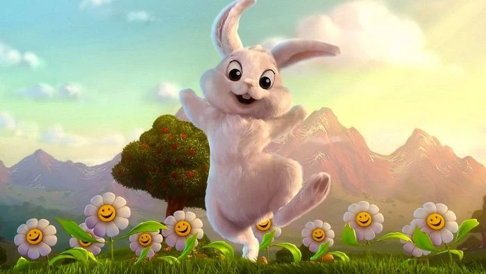 bunny hopping around cute easter wallpaper digital drawing field with daisies and apple tree