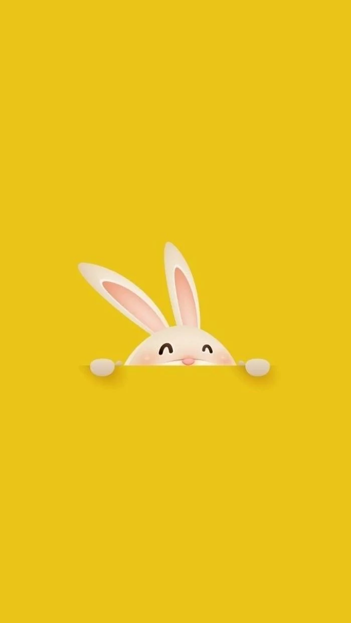 bunny in the middle coming out of a pocket easter bunny background yellow background