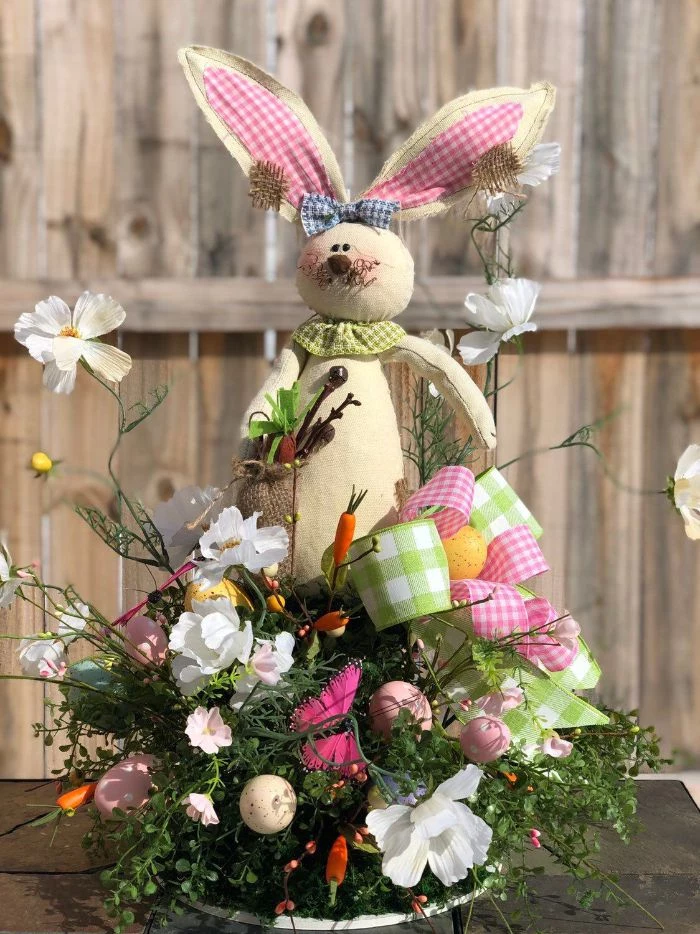bunny made from fabric patches easter decorations centerpiece with flowers eggs and ribbons in pink ang green