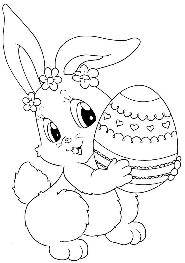 bunny with flower crown holding and egg black and white drawing printable easter coloring pages