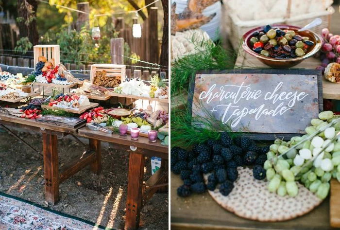 charcuterie table with different types of cheese fruits veggies dips bread backyard wedding ideas
