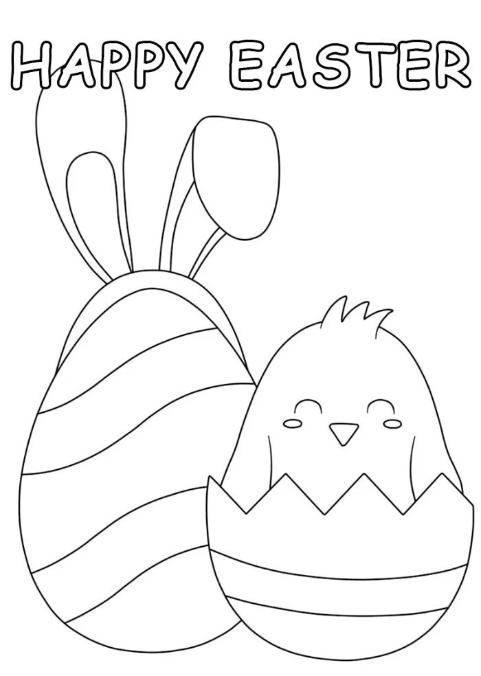 chicken coming out of an egg next to egg with bunny ears free printable easter egg coloring pages