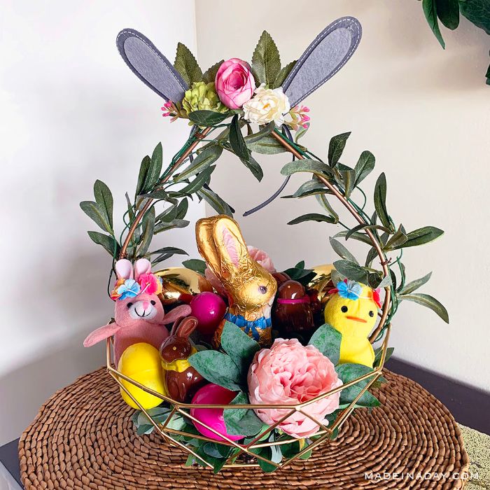 chocolate bunnies stuffed toys easter basket ideas inside metal basket decorated with flowers