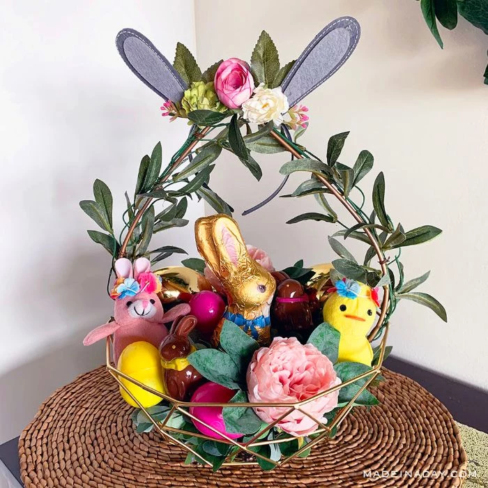 chocolate bunnies stuffed toys easter basket ideas inside metal basket decorated with flowers