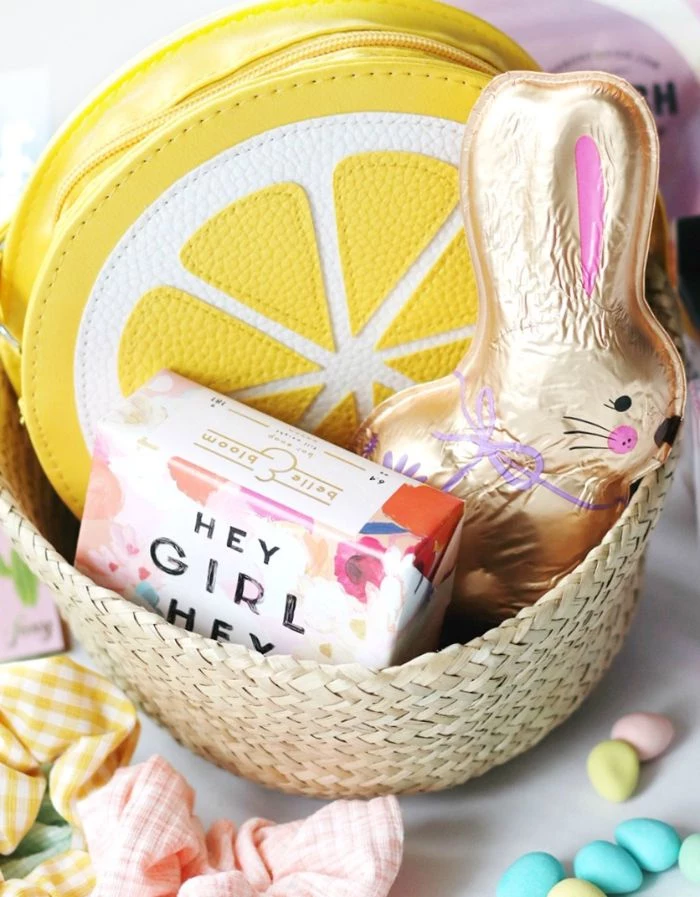 chocolate bunny lemon shaped beauty bag soap inside wicker basket easter baskets for kids