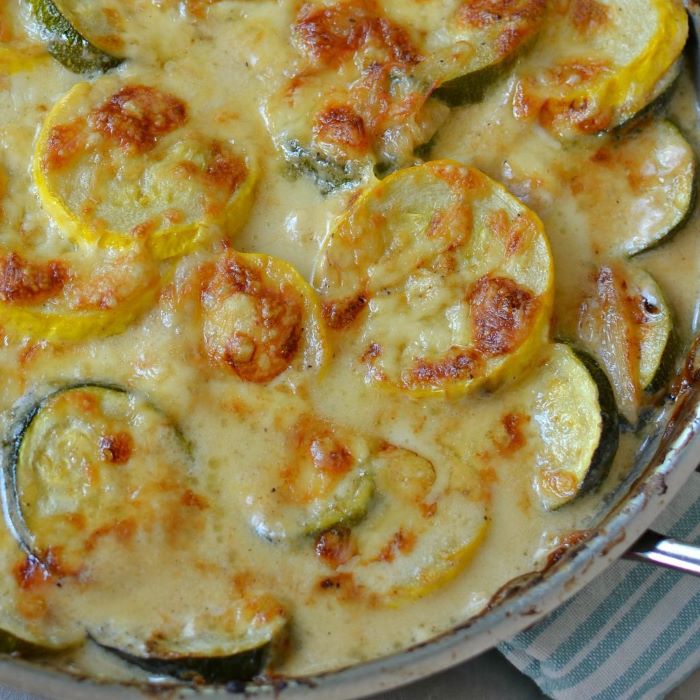 close up photo of gratin with squash and zucchini baked squash recipe lots of cheese on top