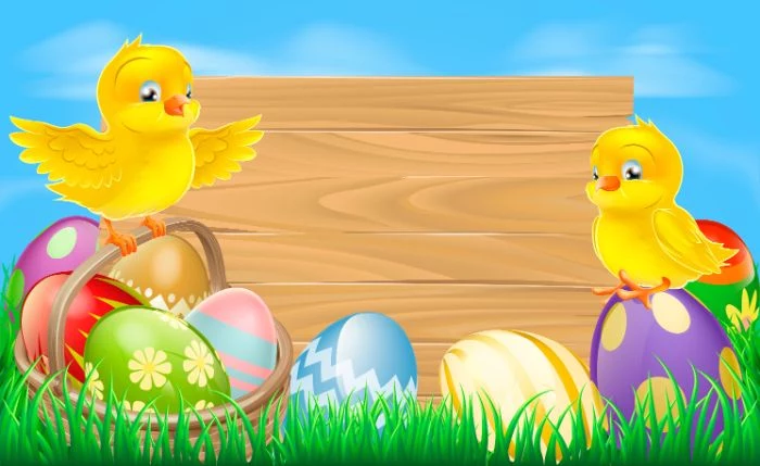 digital drawing of small chickens standing on basket full of eggs in different colors easter wallpaper