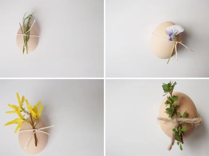 diy easter crafts photo collage of four boiled eggs with different flowers tied to them