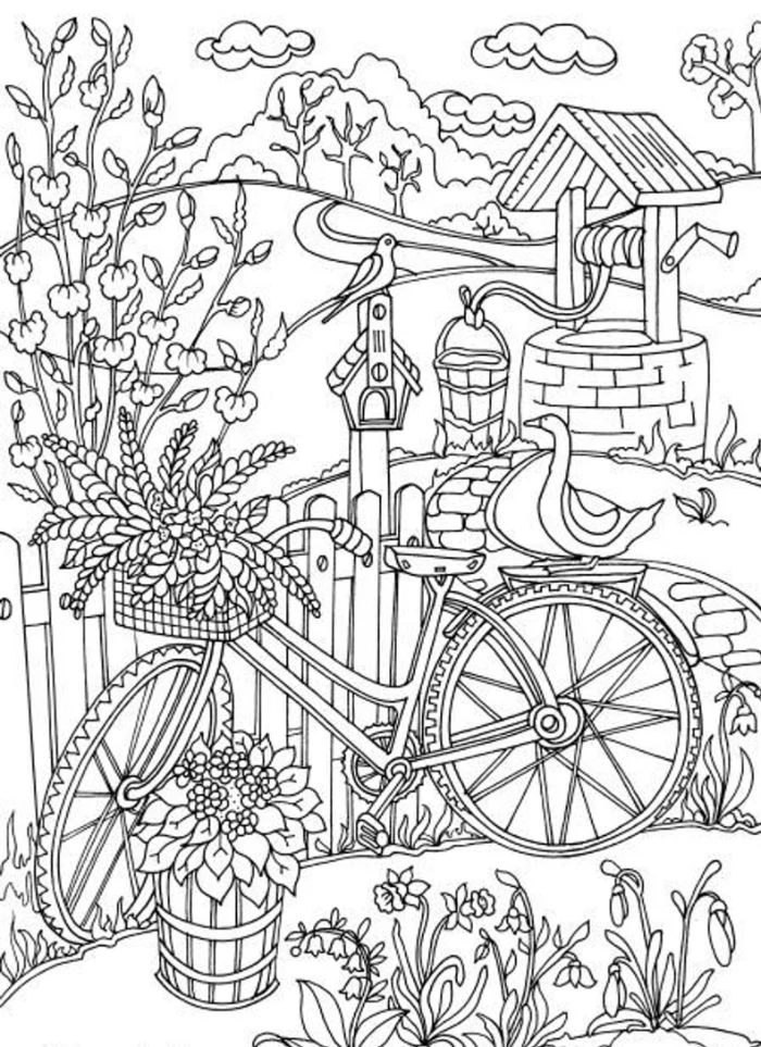 drawing of bike next to fence free coloring pages for girls well in the background lots of flowers and birds
