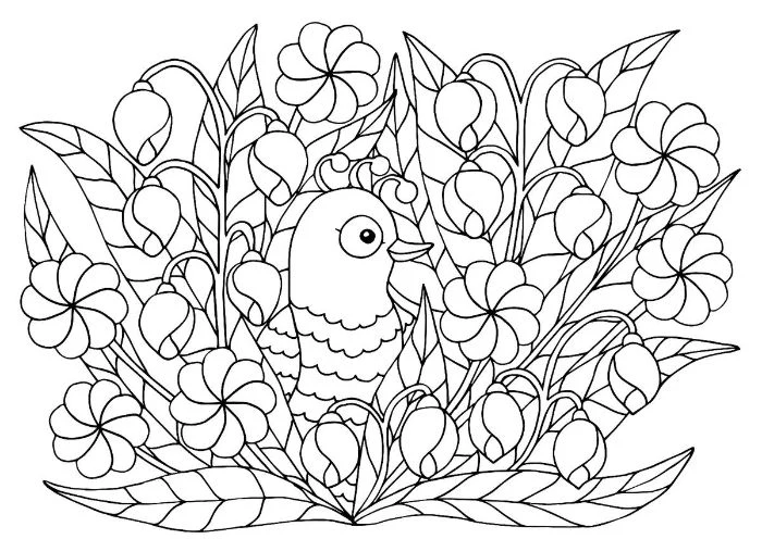 drawing of bird surrounded by flowers free printable spring coloring pages black and white