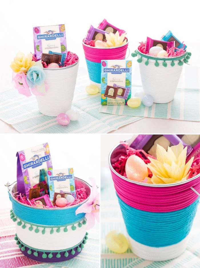 easter baskets for girls how to decorate metal buckets with rope and fill with candy