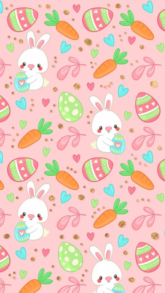 easter bunny background pink background digital drawings of bunnies eggs and carrots