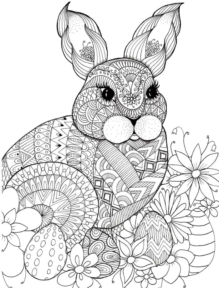 easter bunny surrounded by flowers and dyed eggs spring coloring pages black and white drawing
