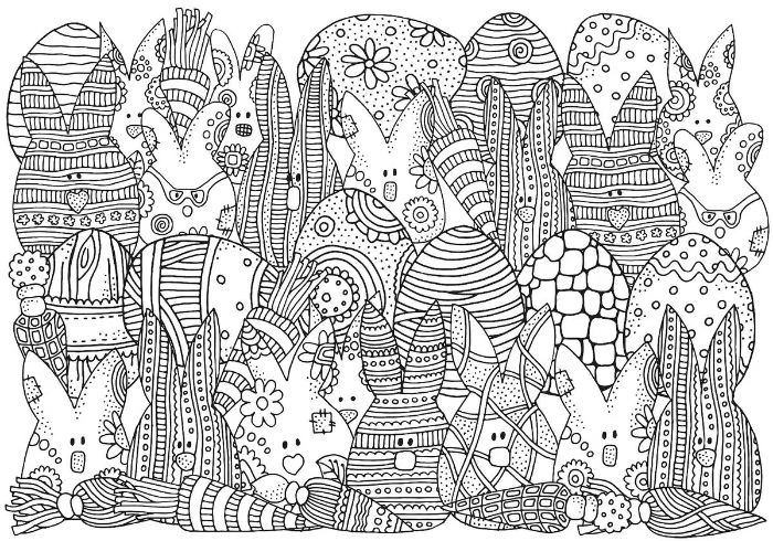 easter coloring sheets eggs and bunnies drawn in black and white with different patterns