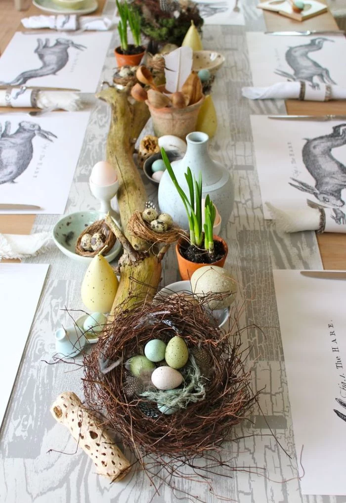 easter decoration ideas table runner with wooden branch ceramic pots and vases egg nest