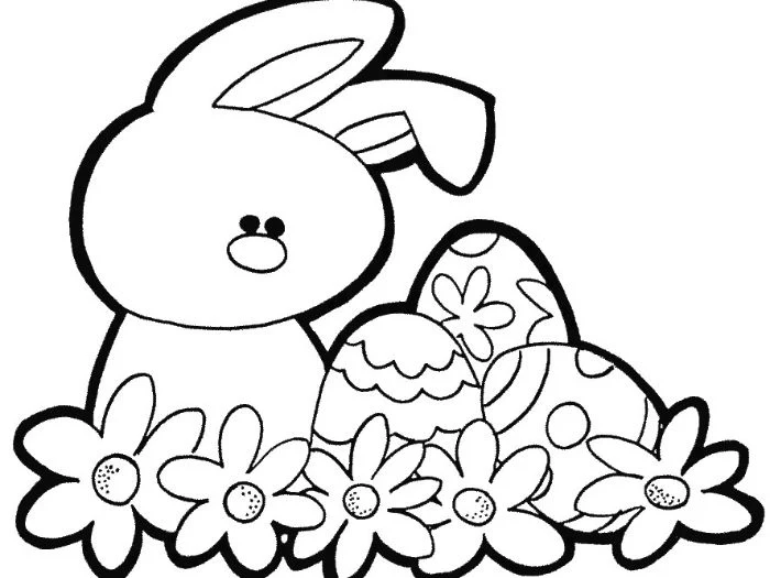 easter egg printable bunny standing next to three eggs with flowers below them black and white drawing