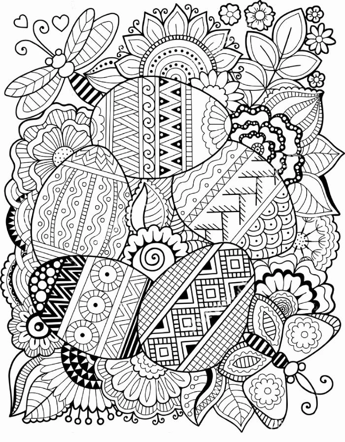 easter eggs with different patterns free spring coloring pages surrounded by flowers and butterflies