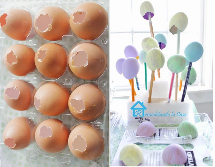 egg shells painted in different colors easy easter crafts side by side photos of step by step diy tutorial