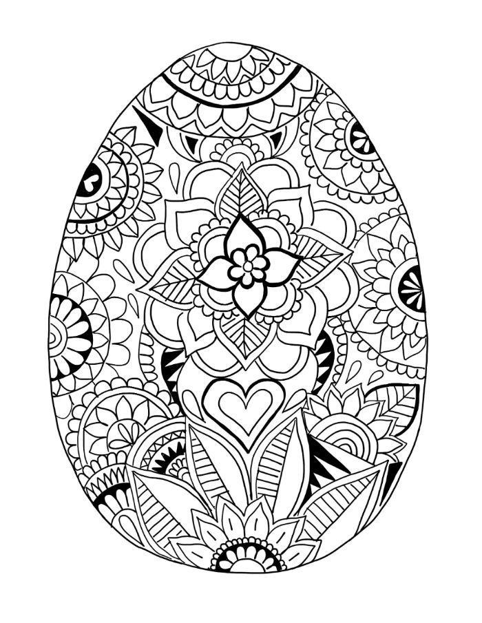 egg with floral patterns on it and heart in the middle bunny coloring pages black and white drawing