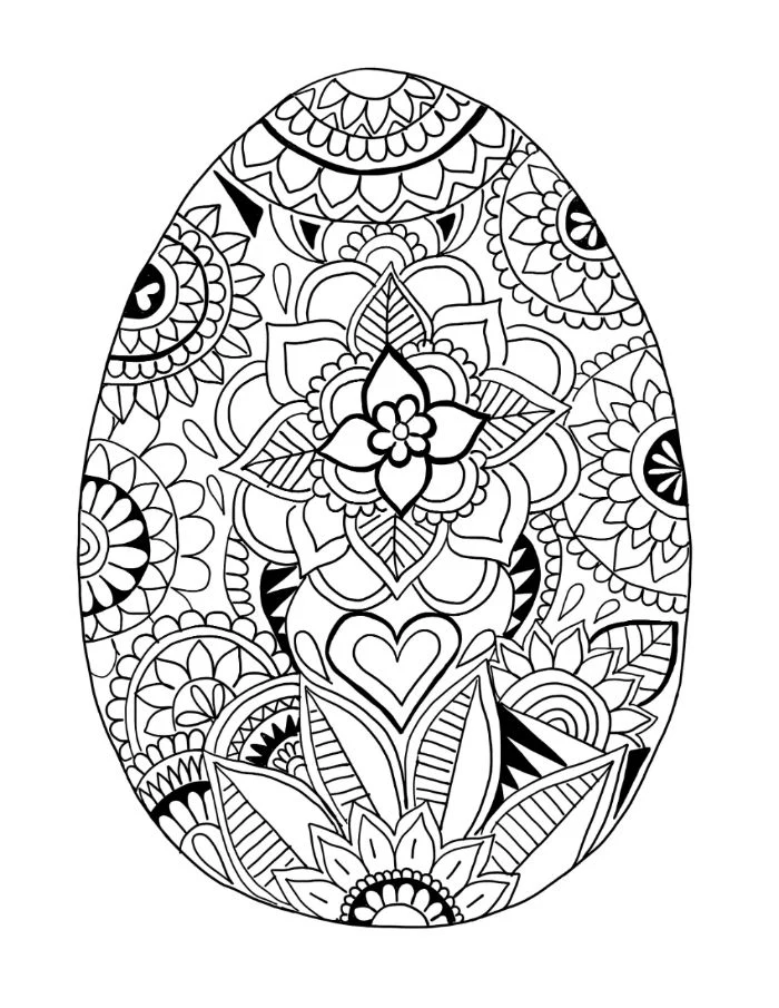 egg with floral patterns on it and heart in the middle bunny coloring pages black and white drawing