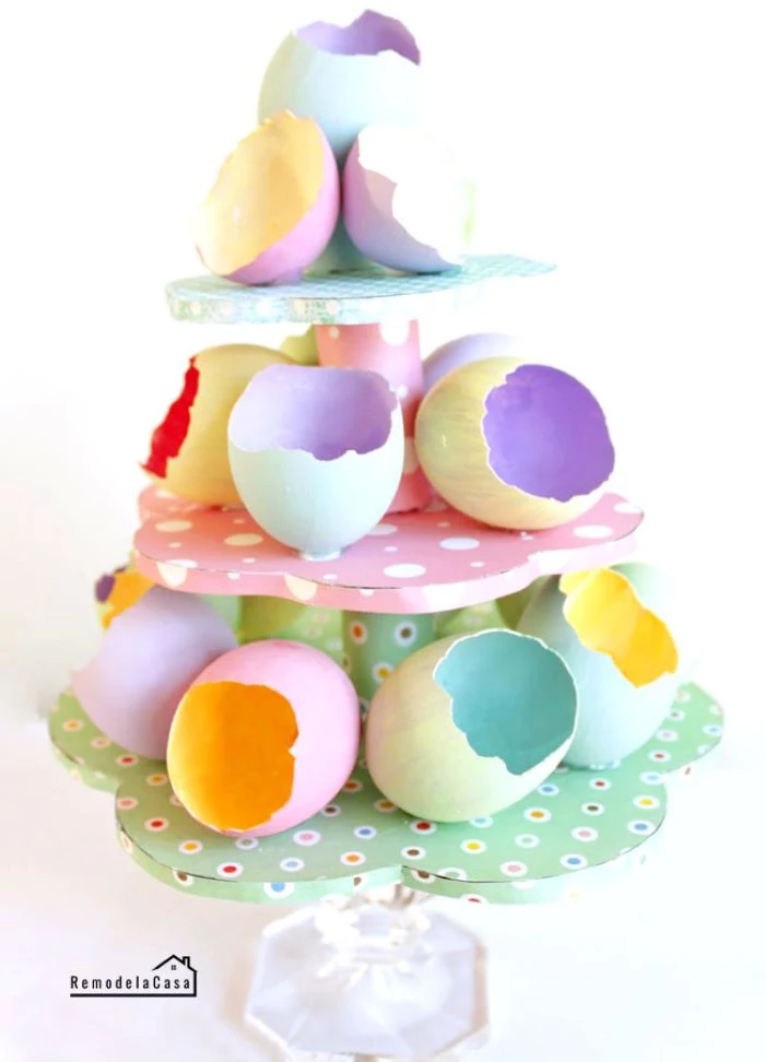empty egg shells painted in different colors placed on carton stand easy easter crafts