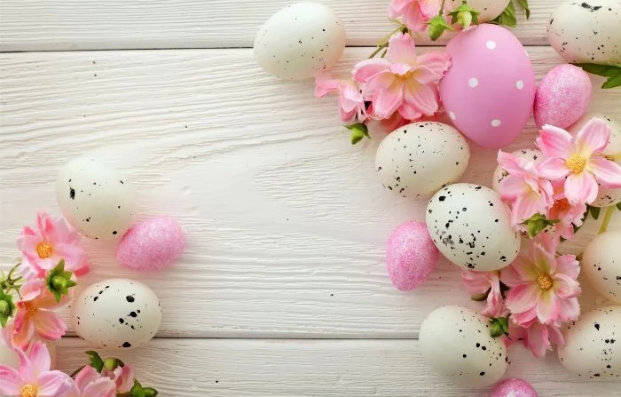 flowers and easter eggs in white and pink easter egg background arranged on white wooden surface