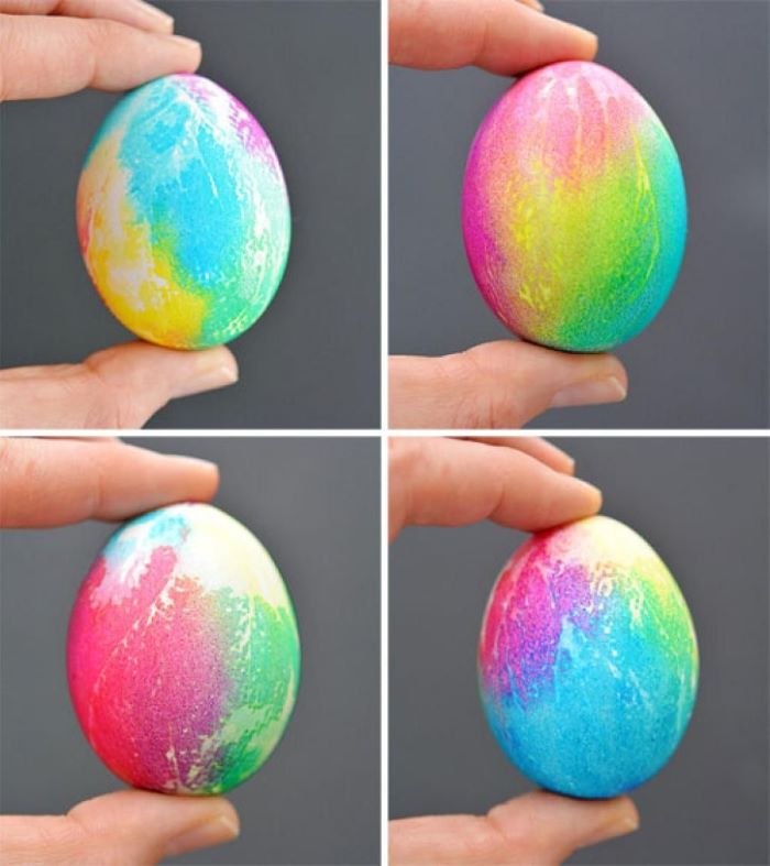 four eggs dye in different colors with tie dye effect how to color easter eggs photo collage