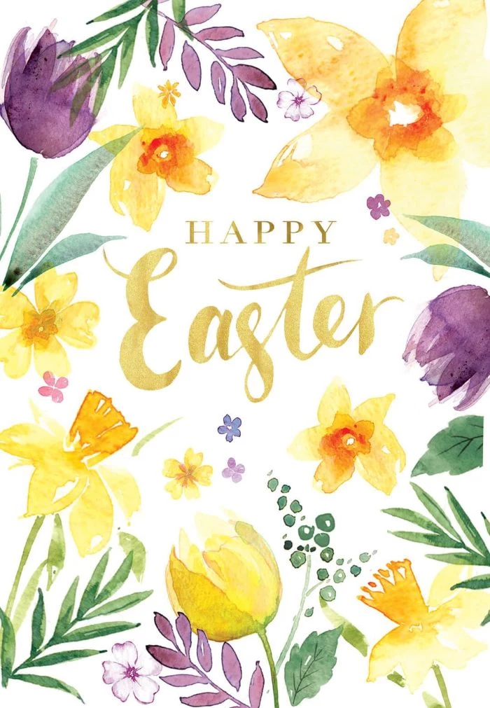 free easter wallpaper happy easter written in gold in cursive surrounded by watercolor flowers