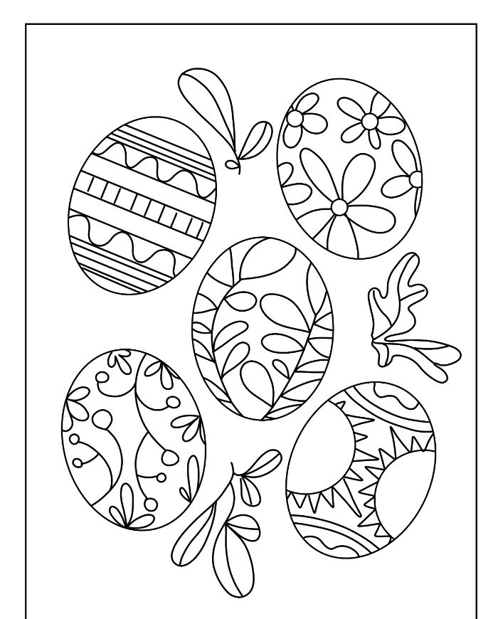 free printable easter coloring pages five eggs drawn with different patterns