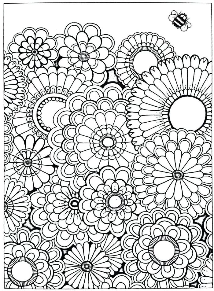 free printable flower coloring pages lots of flowers bunched together bee above them
