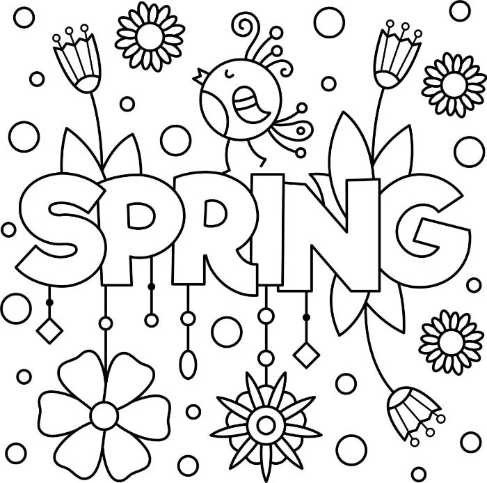 free spring coloring pages spring written in the middle surrounded by flowers and bird