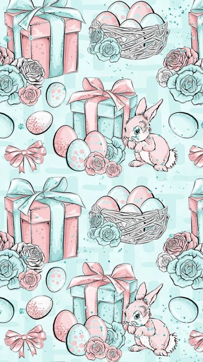 gifts easter egg baskets roses bunnies easter background free digital drawings on blue background