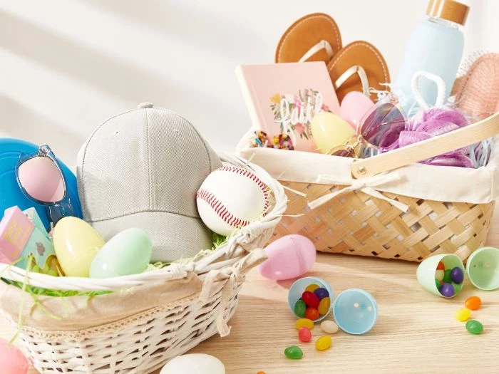 girl and boy easter baskets for kids one with sports items other with beauty items plastic eggs