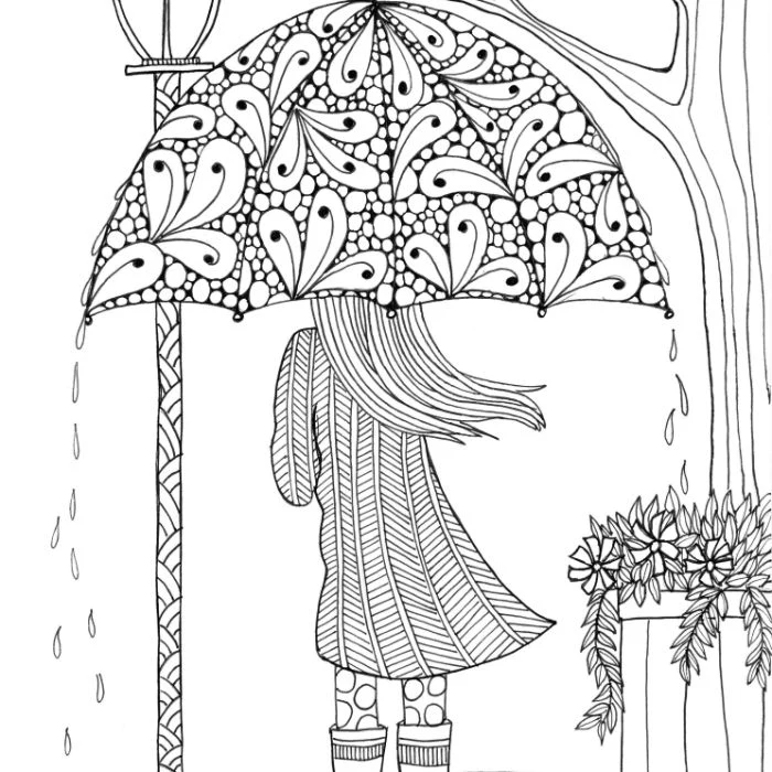 girl holding an umbrella raindrops around it printable full size coloring pages for kids