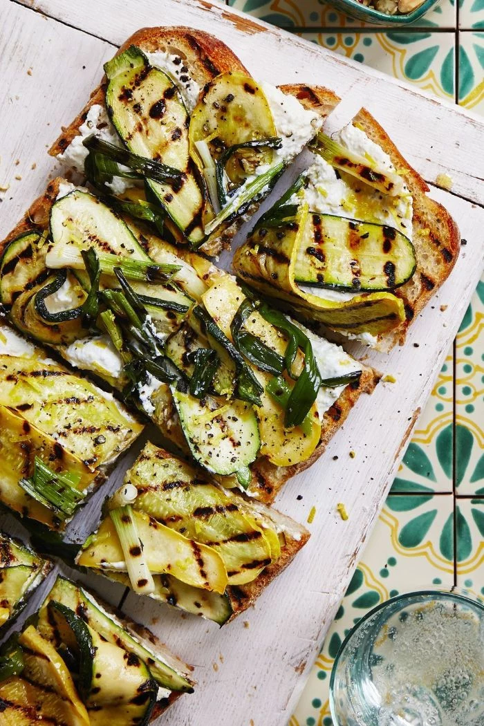 grilled bread covered with ricotta cheese summer squash recipes grilled squash and zucchini on top