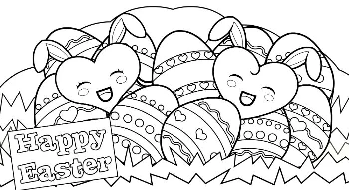 happy easter easter coloring pages basket full of eggs two hearts with bunny ears
