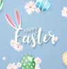 happy easter written in cursive on blue background easter wallpaper drawings of eggs and flowers around it