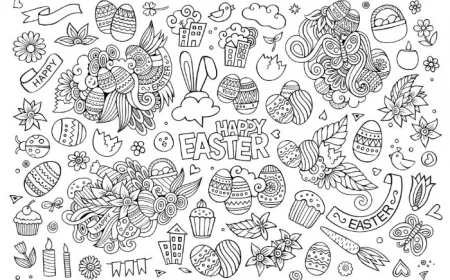 happy easter written in the middle printable easter coloring pages drawings of eggs flowers bunnies around