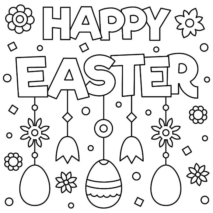 happy easter written on white background easter coloring sheets flowers and eggs drawn around it
