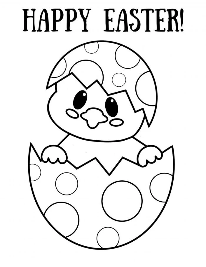 happy easter written over black and white drawing easter pictures to color small chicken coming out of an egg