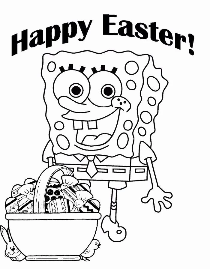 happy easter written over drawing of spongebob free printable easter coloring pages basket full of eggs