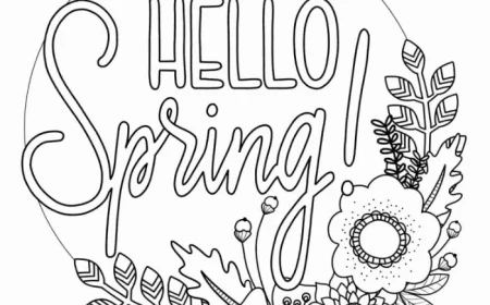 hello spring written in the middle printable full size coloring pages for kids surrounded by flowers