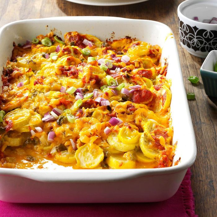 how to cook squash tex mex casserole with summer squash garnished with onions and cheese