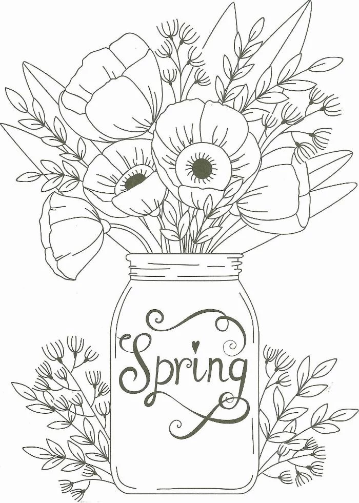 jar filled with spring flowers free spring coloring pages spring written on the jar in cursive font