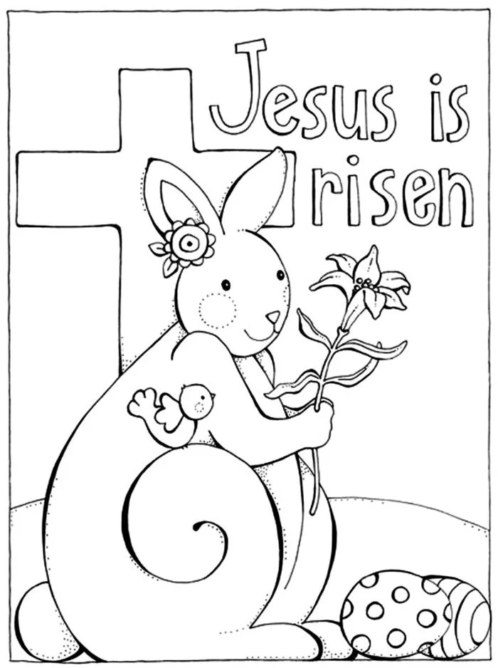 jesus is risen written over photo of bunny holding a flower easter pictures to color